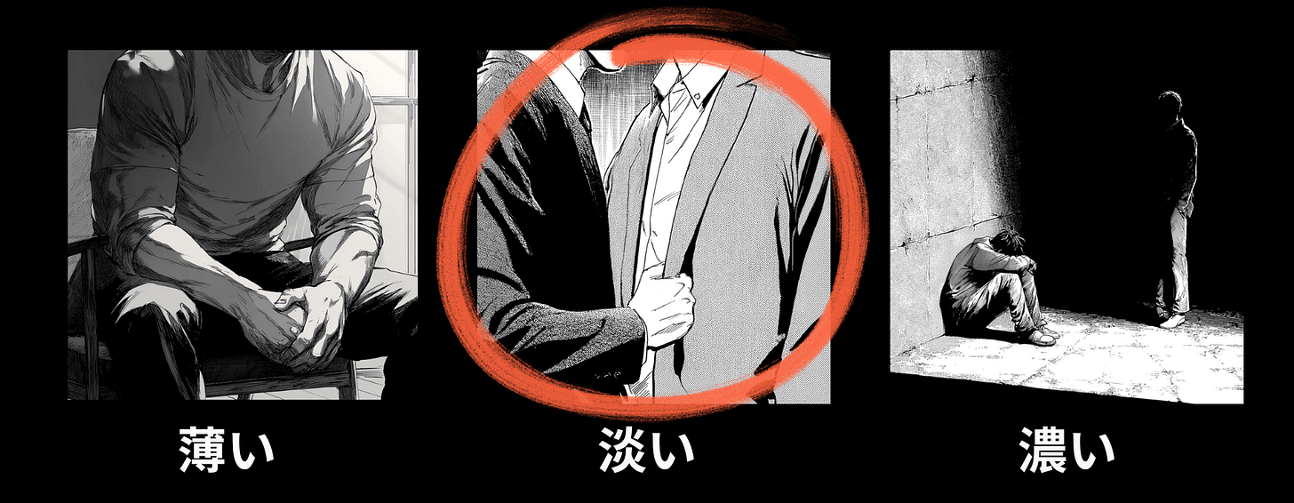 Visual intensity meter for the "Explicitness" category in the Graphic Review of the manga “The Voice Said Kill.” This image represents the awai level, signaling the middle point or moderate intensity/depth for this category.
