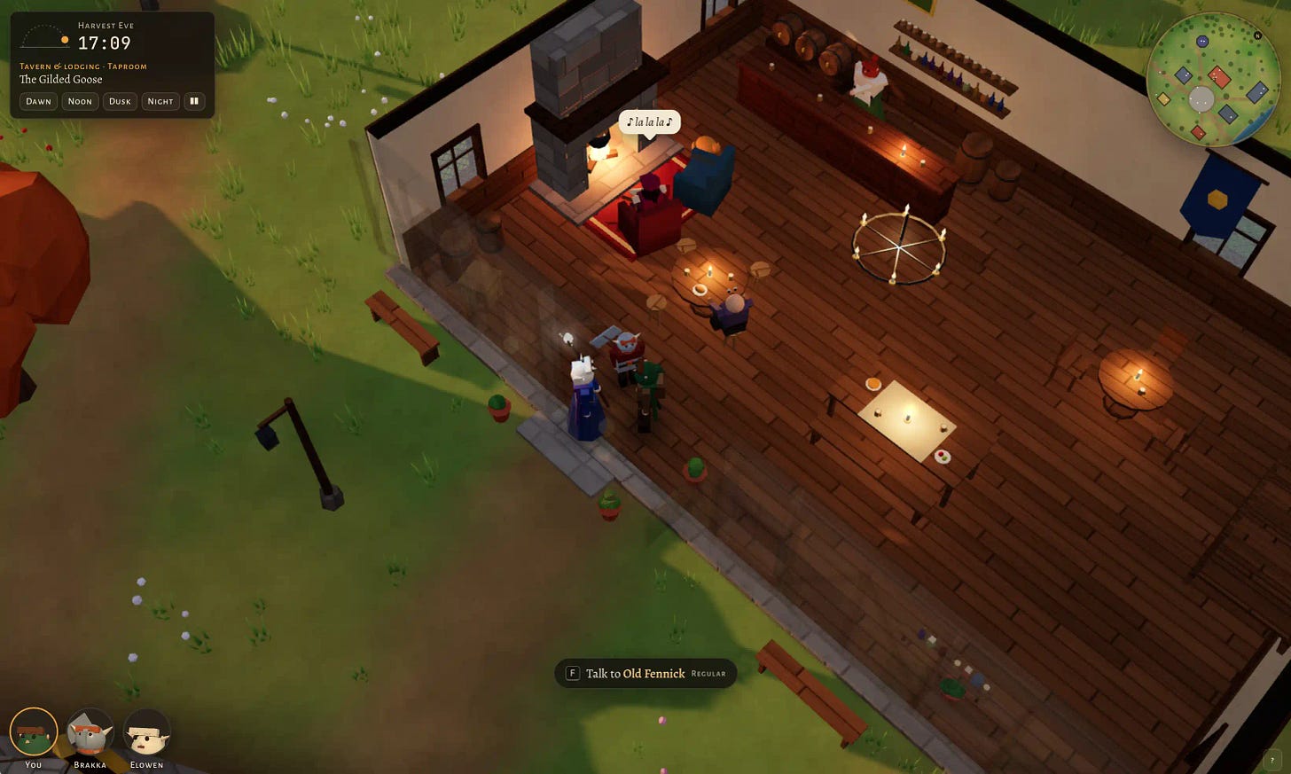 Screenshot of a low-poly 3D top-down fantasy game showing the interior of a cutaway tavern at dusk, with grass, a lamppost and benches outside. Inside, warm candlelight falls on wooden floorboards: a stone fireplace with a figure in a red armchair on a red rug, a blue armchair with an orange cat on it, a long bar with barrels and bottle shelves where a red-haired barkeep stands, a candle chandelier, a cloth-covered table, small round tables with stools and a blue banner with a gold emblem. A group of three adventurers (a white-haired figure in a blue robe, a red-armored figure with a hammer and a green-clad figure) stands just inside the doorway. Top-left panel text: "Harvest Eve" "17:09" "Tavern & lodging · Taproom" "The Gilded Goose" with buttons "Dawn" "Noon" "Dusk" "Night" and a pause button. A speech bubble above the fireplace reads "♪ la la la ♪". A circular minimap sits at top right marked "N". Bottom center prompt: "F Talk to Old Fennick Regular". Bottom-left party portraits labeled "You" "Brakka" "Elowen". A "?" button sits at bottom right.