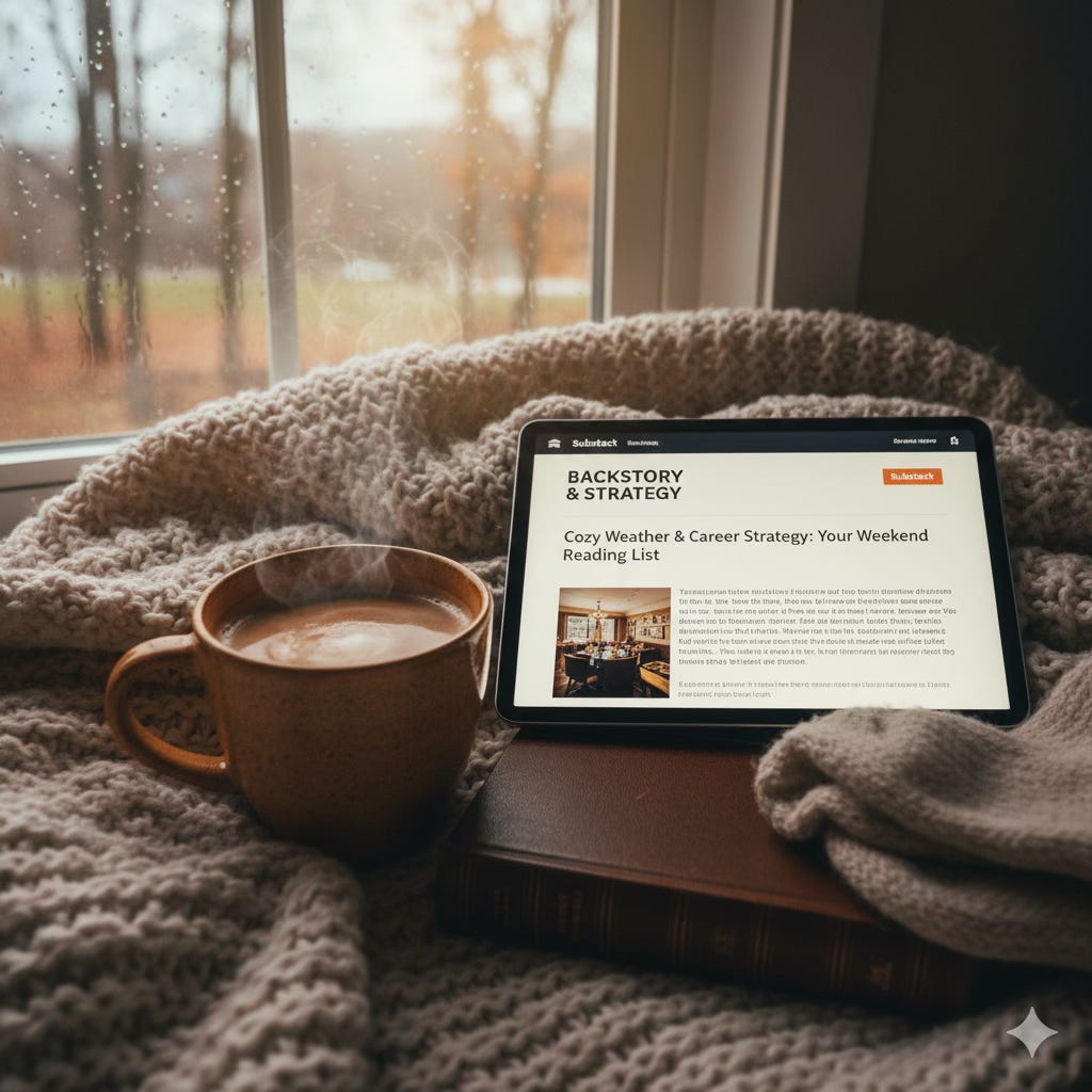 Cozy image of a tablet showing the "Backstory & Strategy" weekend reading list, resting on a knit blanket next to a steaming mug and a book, set by a window with rain outside. Cozy image of a tablet showing the "Backstory & Strategy" weekend reading list, resting on a knit blanket next to a steaming mug and a book, set by a window with rain outside.