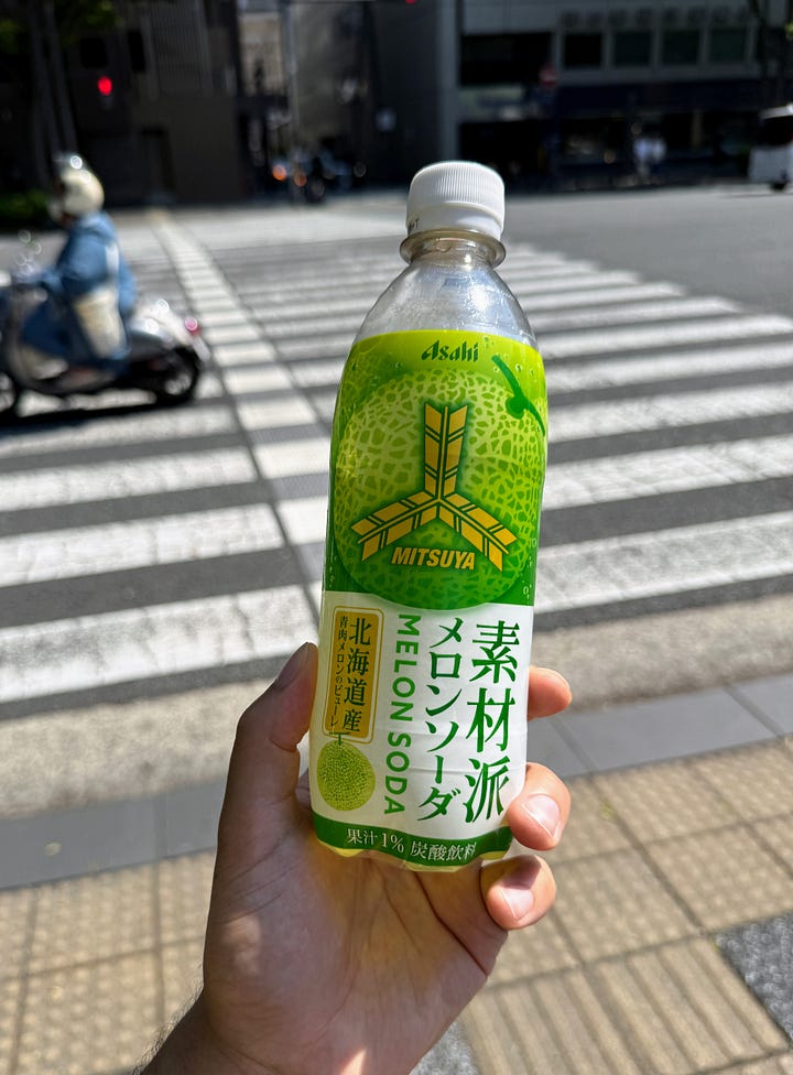 Melon roll, soda, and freeze dried melon
