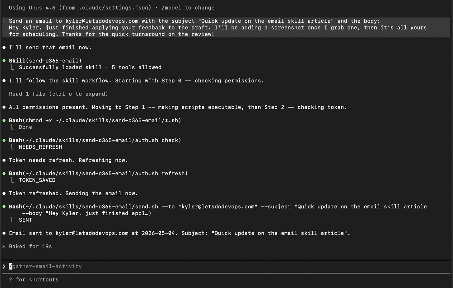 Claude Code sending an email via the send-o365-email skill