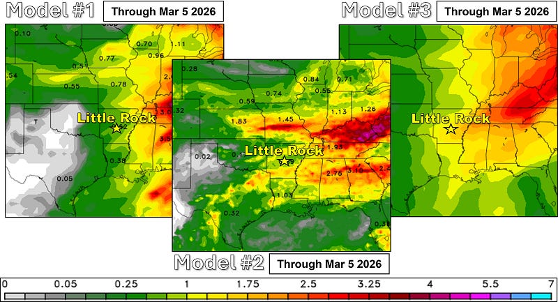 Models are showing the most significant precipitation east of the Mississippi River through early March, 2026. Data is courtesy of the College of DuPage.