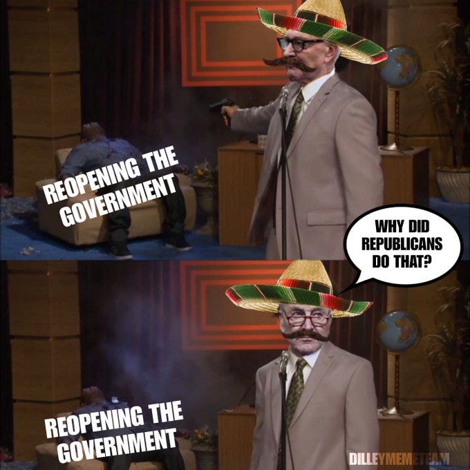 Two panels of a man in a suit and sombrero, holding a gun, standing on a stage with a globe and plants. Text overlays read "REOPENING THE GOVERNMENT" on both panels, with the second panel also showing "WHY DID REPUBLICANS DO THAT?" A watermark "DILLEYMEME.COM" is visible.