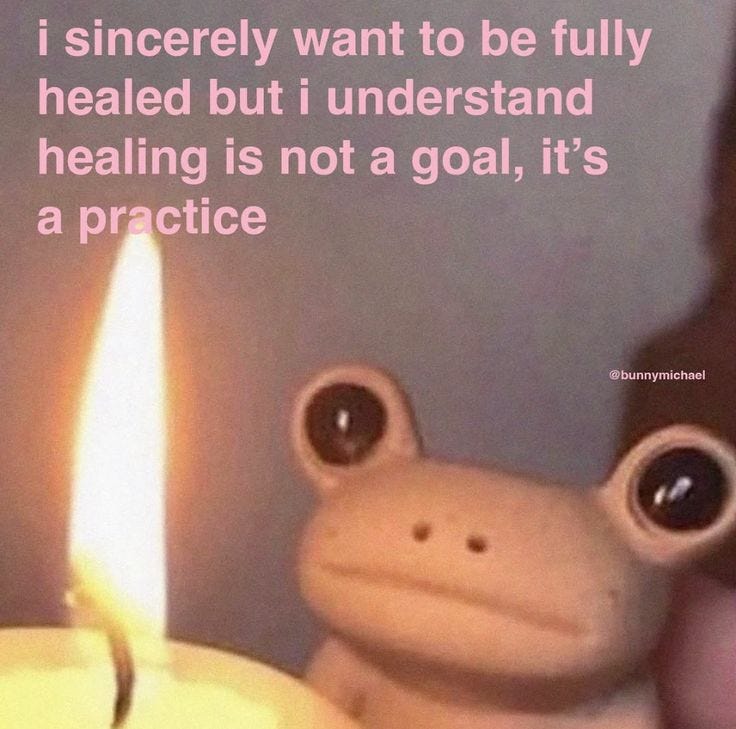 This may contain: a frog sitting next to a lit candle with the caption, i swearly want to be fully healed but i understand that is not a goal, it's a practice