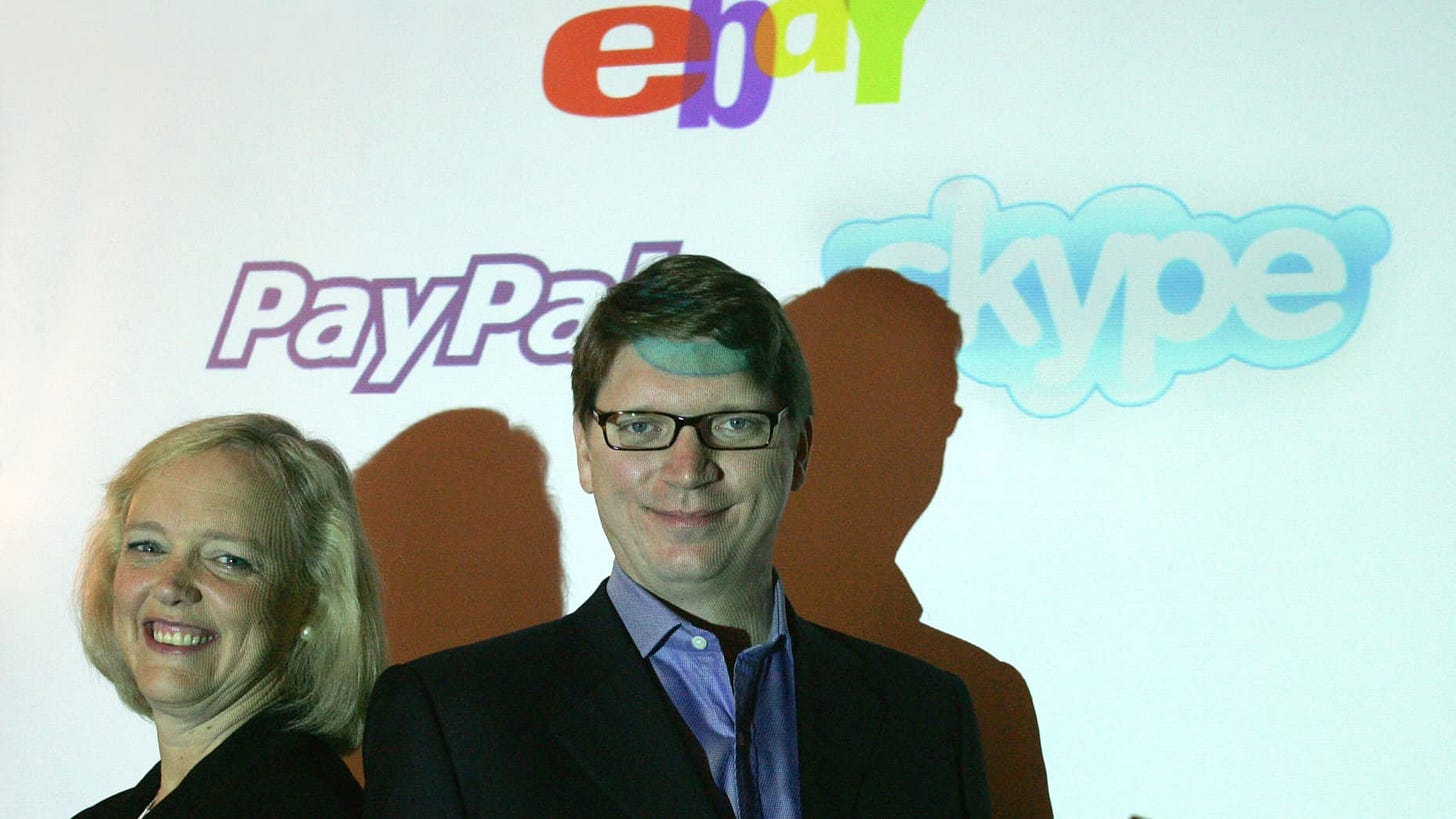 In this handout image provided by eBay, the company's president and CEO, Meg Whitman, left, poses with Niklas Zennstrom, co-founder and CEO of Skype, the global Internet communications company, in London on Sept. 12, 2005. Internet company eBay today announced its intention to acquire Skype, a voice over internet company, for about $2.6 billion.