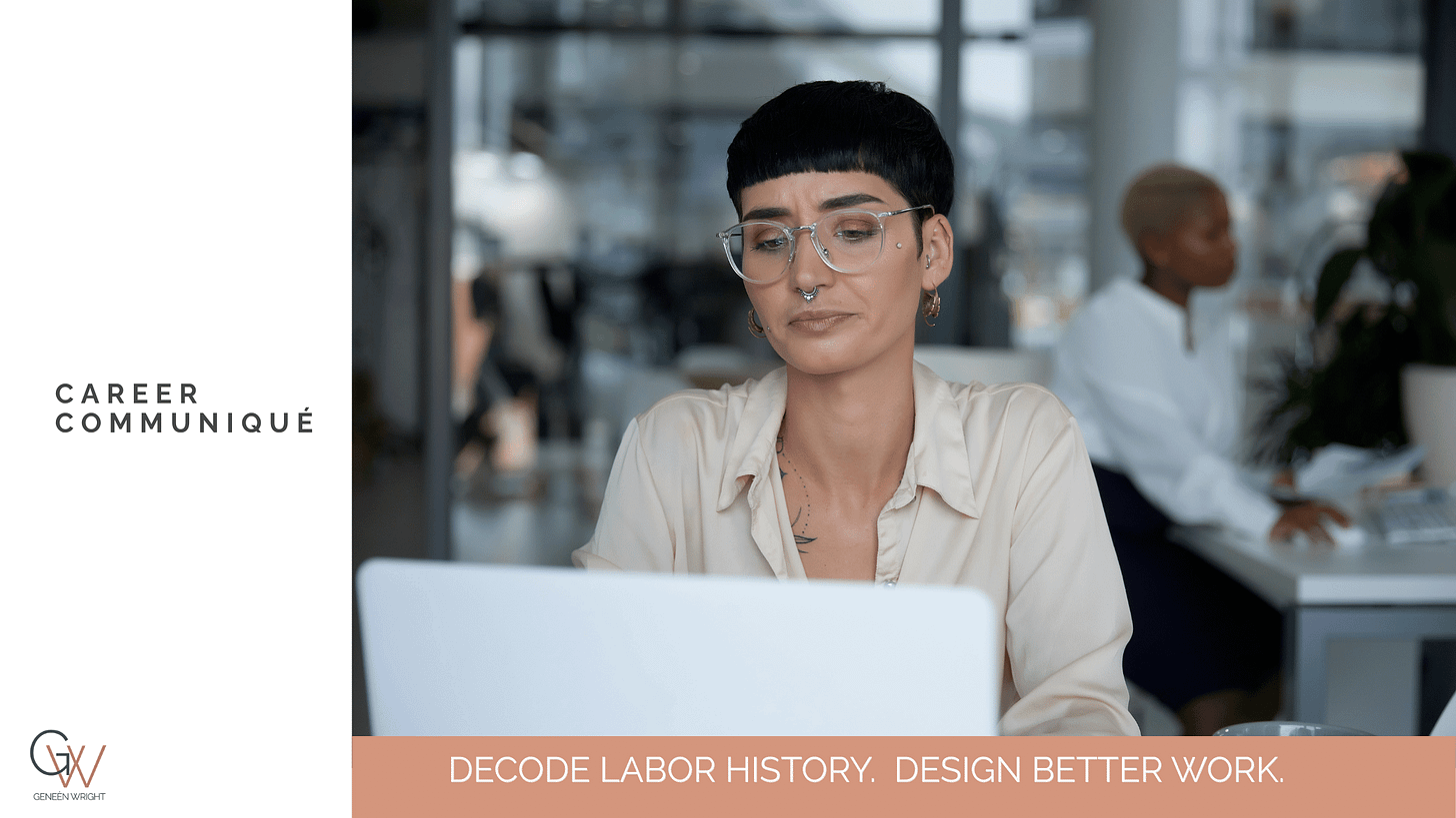 Professional woman with short dark hair and glasses working on a laptop in a modern office, featured alongside “Career Communiqué” branding and the tagline “Decode Labor History. Design Better Work.”