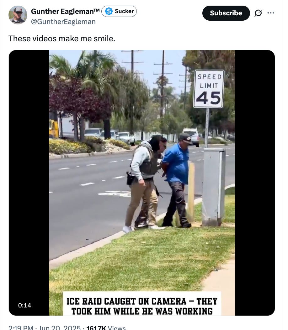 gunther eagleman tweet, reads "these videos make me smile" — video shows a man being arrested by ice while working. gunther eagleman tweet, reads "these videos make me smile" — video shows a man being arrested by ice while working.