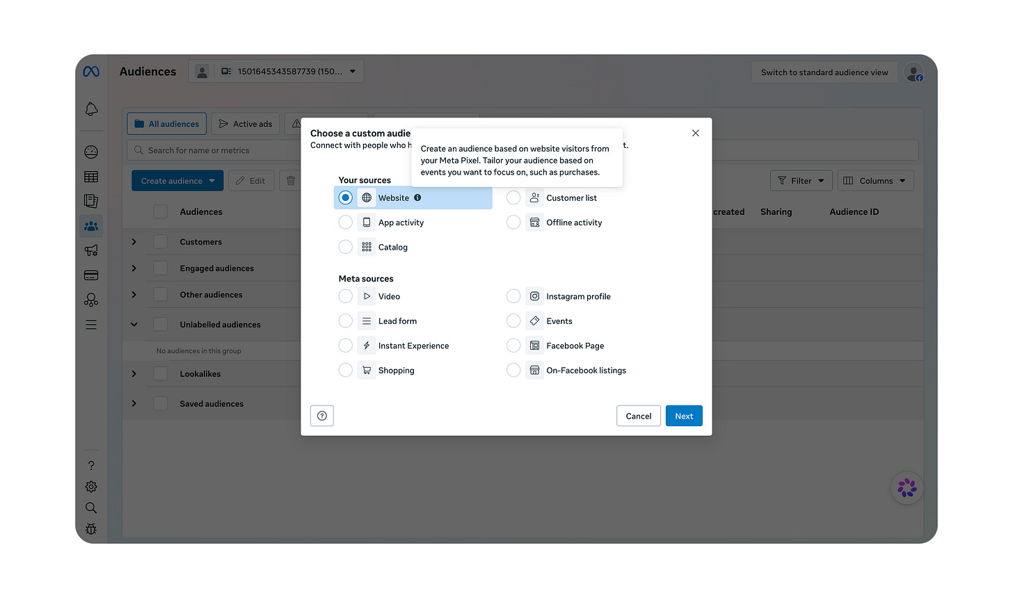 Setting up a custom audience in the Meta ads manager using website (pixel) data as the source to build a B2B SaaS retargeting list from site visitors.