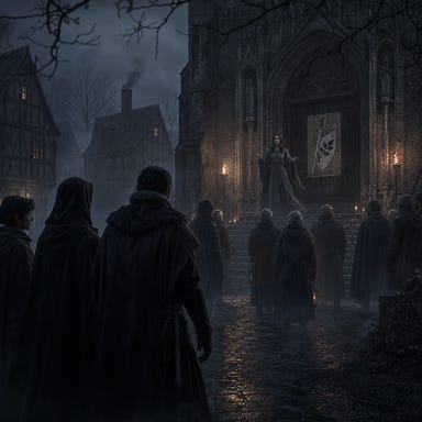 St. Andral's Church in Vallaki at evening, Barovian Gothic atmosphere; mist‑shrouded streets, party cloaked in illusion approaching, dark‑haired woman in gray robe standing on church steps speaking to silent villagers, poster on doors showing silver longsword over white kite shield with belladonna sprig