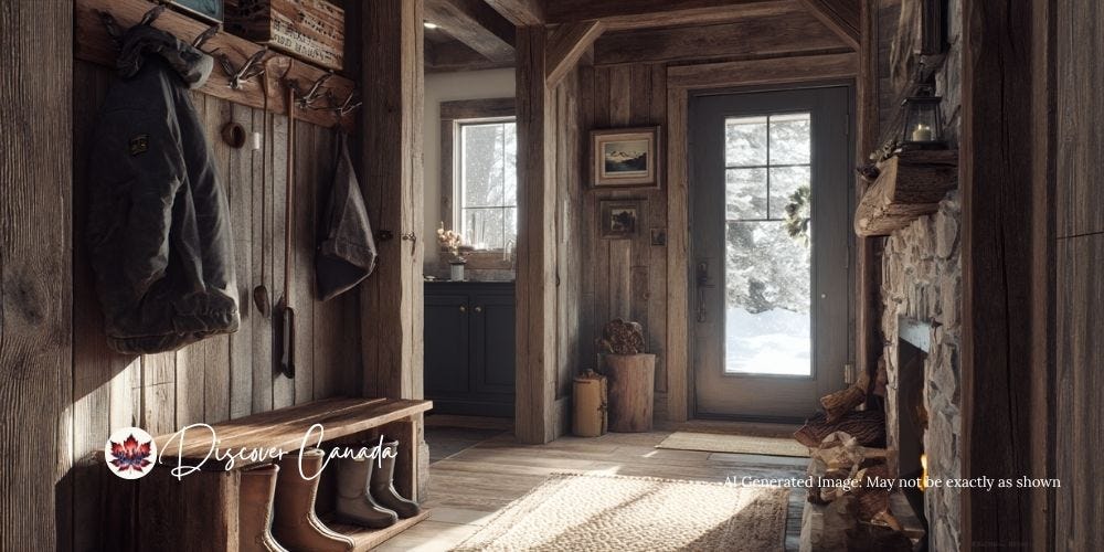 Warm Canadian cabin entryway with boots by the door and firelight in the background.