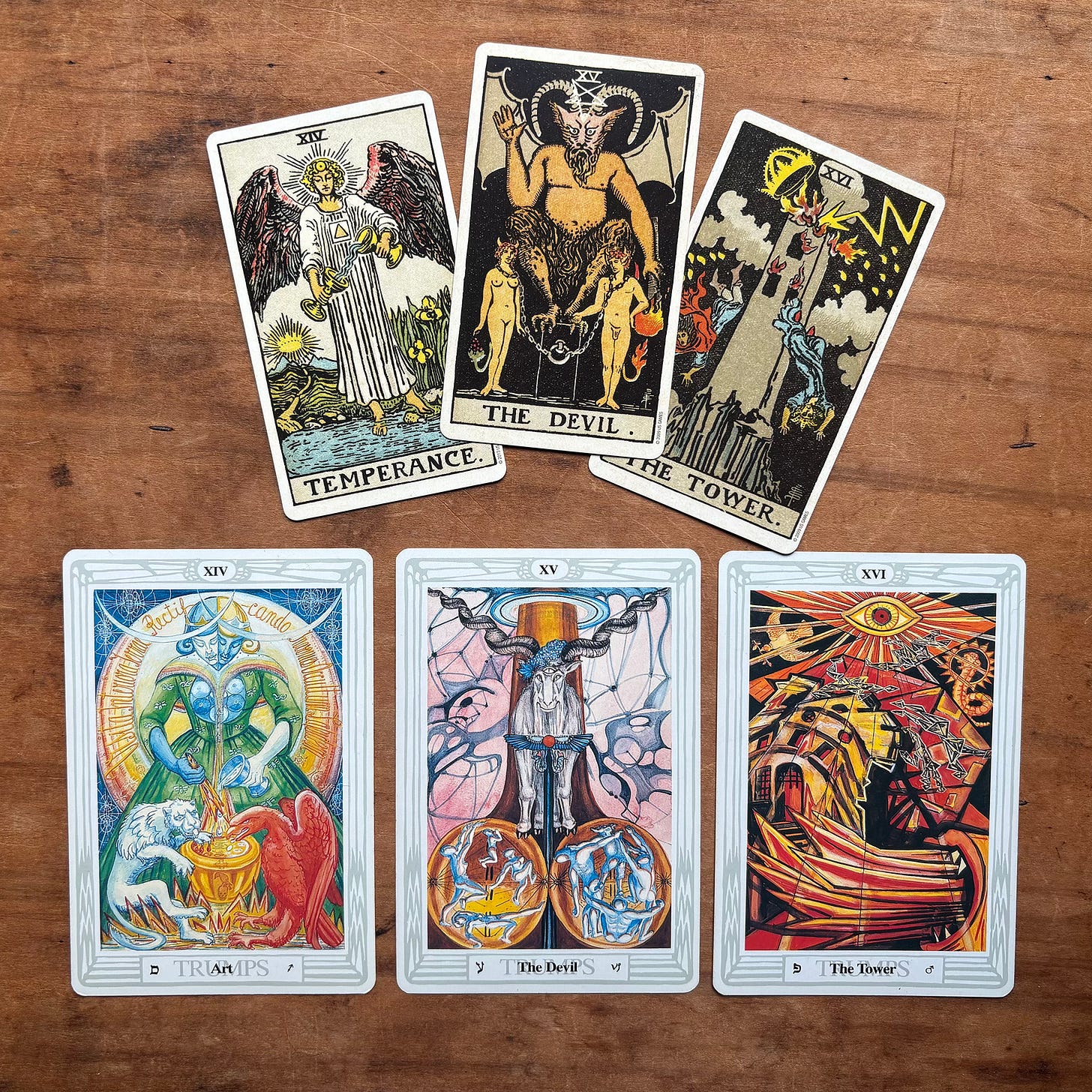 The Tower, Devil,  and Temperance/Art cards from the Rider-Waite Smith and Thoth tarot decks.
