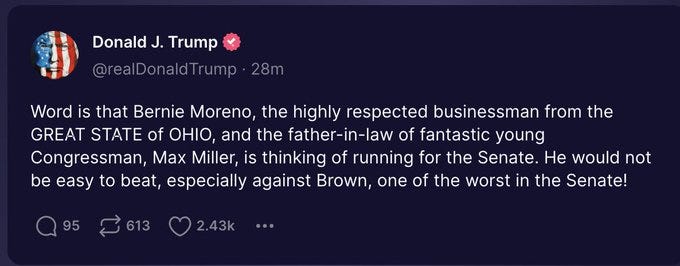 Image of Trump's Truth social post speaking highly of Bernie Moreno