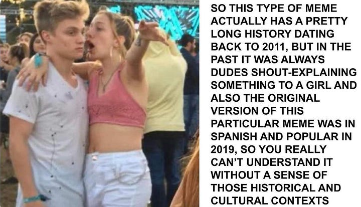 Two memes, one depicting mansplaining, the other depicting shelaborating.