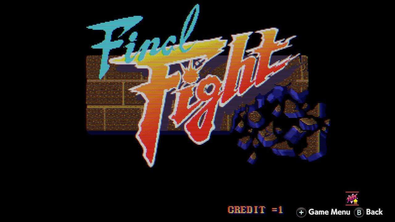 The Final Fight title screen, as seen in Capcom Arcade Stadium on the Switch. The game's logo is shown, as well as a brick wall that's been busted through somehow. 