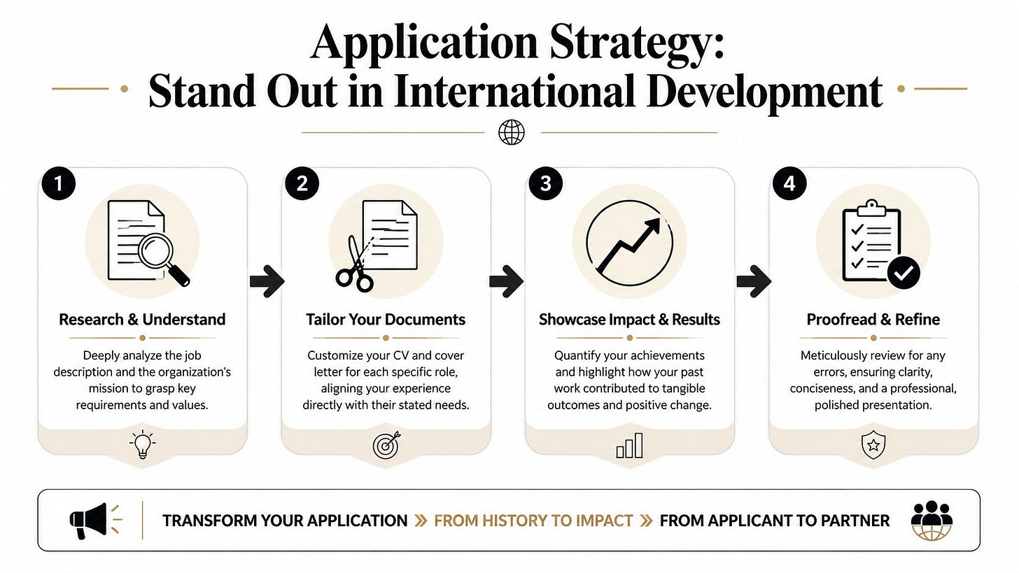 A four-step infographic strategy for creating standout job applications in the international development sector. A four-step infographic strategy for creating standout job applications in the international development sector.