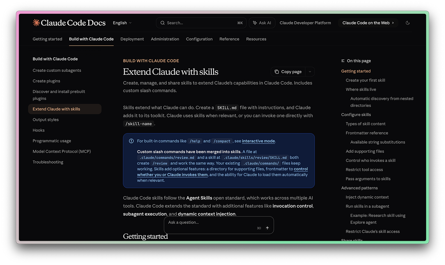 The Claude skills documentation page The Claude skills documentation page