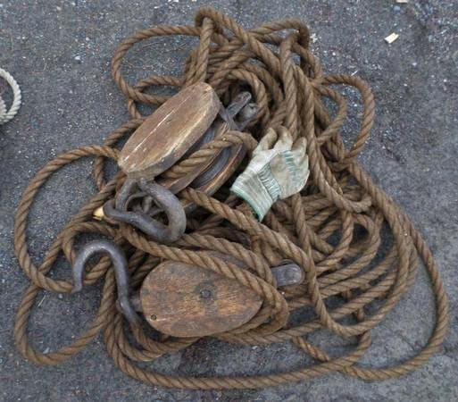 MANY VINTAGE WOODEN AND STEEL PULLEYS / ROPE BLOCK AND TACKLE-SEE PICS -  farm & garden - by owner - sale - craigslist