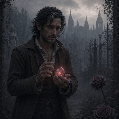 Urwin Martikov holding a softly glowing gem, with a haunted Barovian look: lean wiry frame, deep-set worried eyes, dark slightly unkempt hair with a few silver strands, worn earth-toned clothes, expressive but not resembling any real actor