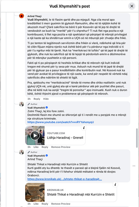 Pamjet dokumentuese të komenteve të shkëmbyera me profilin "Arlind Thaçi".