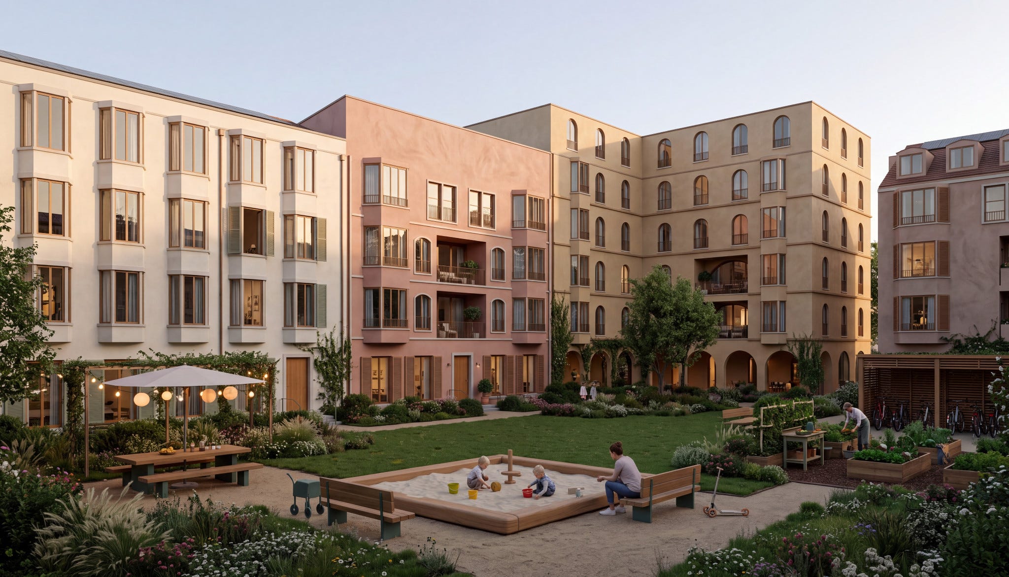 Conceptual garden inside a courtyard block, with children playing in a sandbox, lawn, planting beds, picnic seating and bicycle storage, overlooked by surrounding homes.