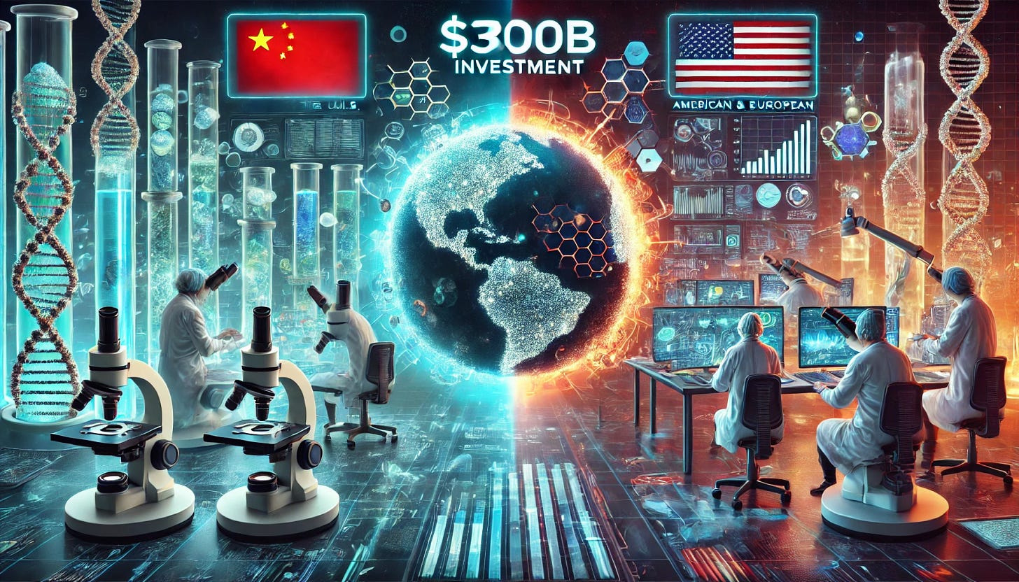 A dramatic illustration of the biotech and AI rivalry between China, the U.S., and the EU. On one side, a futuristic Chinese research lab with glowing AI-powered microscopes and scientists analyzing genetic data. On the other side, a high-tech American and European lab with advanced robotics and data visualization screens showing global biotech investments. In the center, a digital map highlighting a $300B investment battle between these powers, symbolizing the competition in Bio-AI innovation.