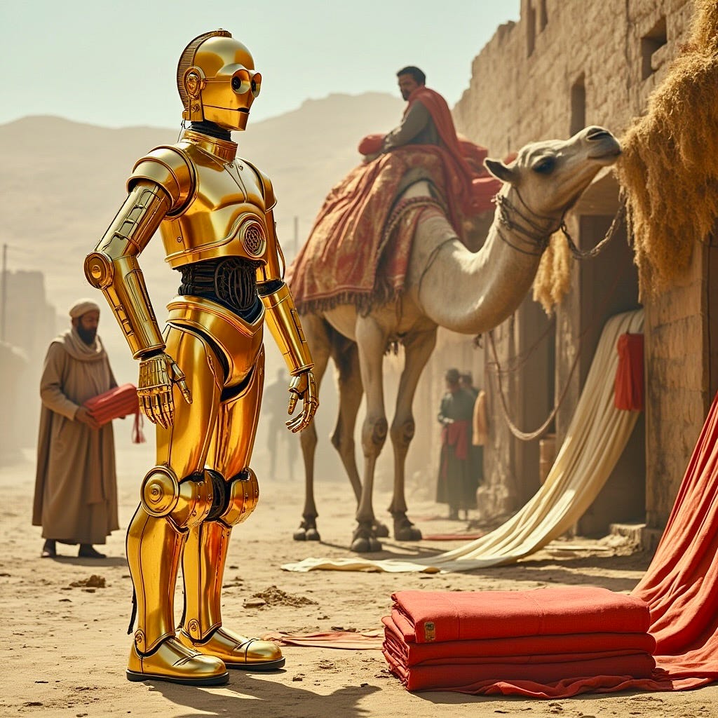 A robot standing in front of a camel

AI-generated content may be incorrect.