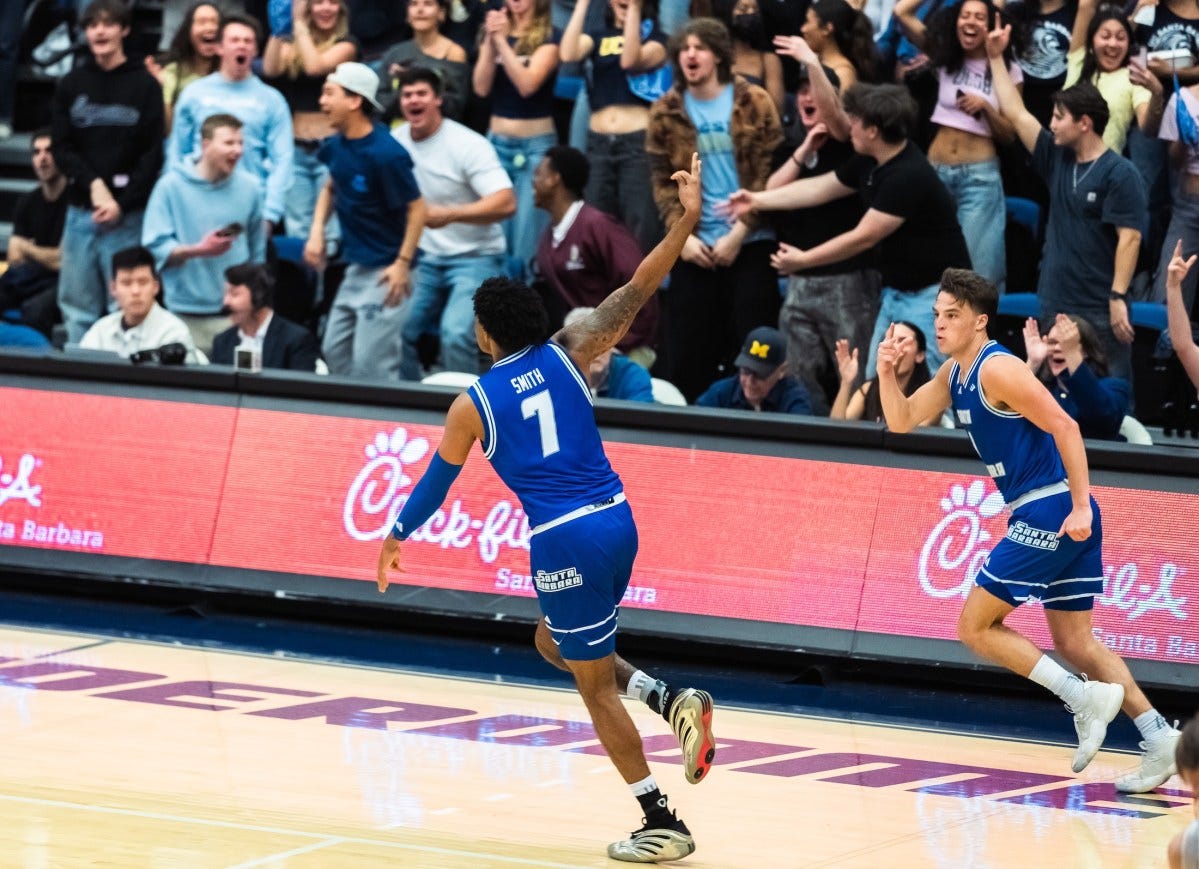 Colin Smith (7) and Cole Anderson (4) signal one of the 14 three-pointers that UCSB made during its 96-77 men's basketball romp past Cal Poly at the Thunderdome on Thursday.
