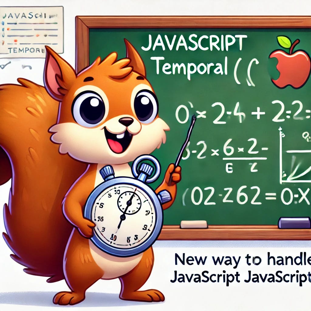 A cartoon-style illustration of a squirrel with a stopwatch explaining JavaScript Temporal. The squirrel is standing in front of a blackboard filled with time-related equations, looking excited about the new way to handle dates in JavaScript.