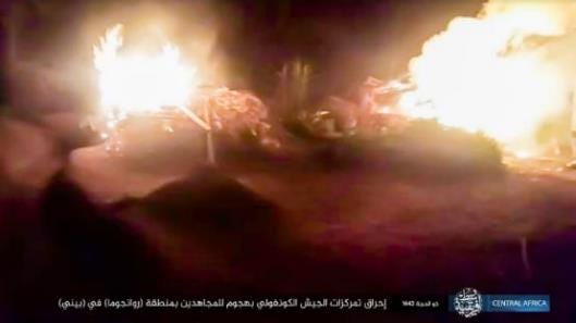 Compound used as a Congolese army staging zone going up in flames (Telegram, July 16, 2022). The Meir Amit Intelligence and Terrorism Information Center's Spotlight on Global Jihad
