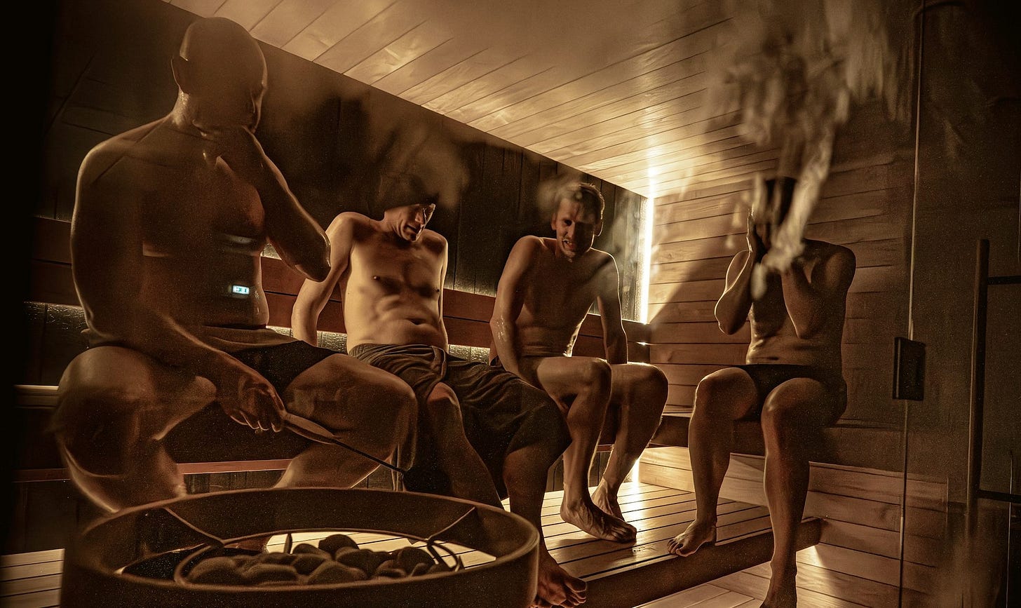 People relaxing in a steamy wooden sauna. It's crowded, hot, sweaty, steamy - driving social anxiety in an unhygienic steam room sauna.