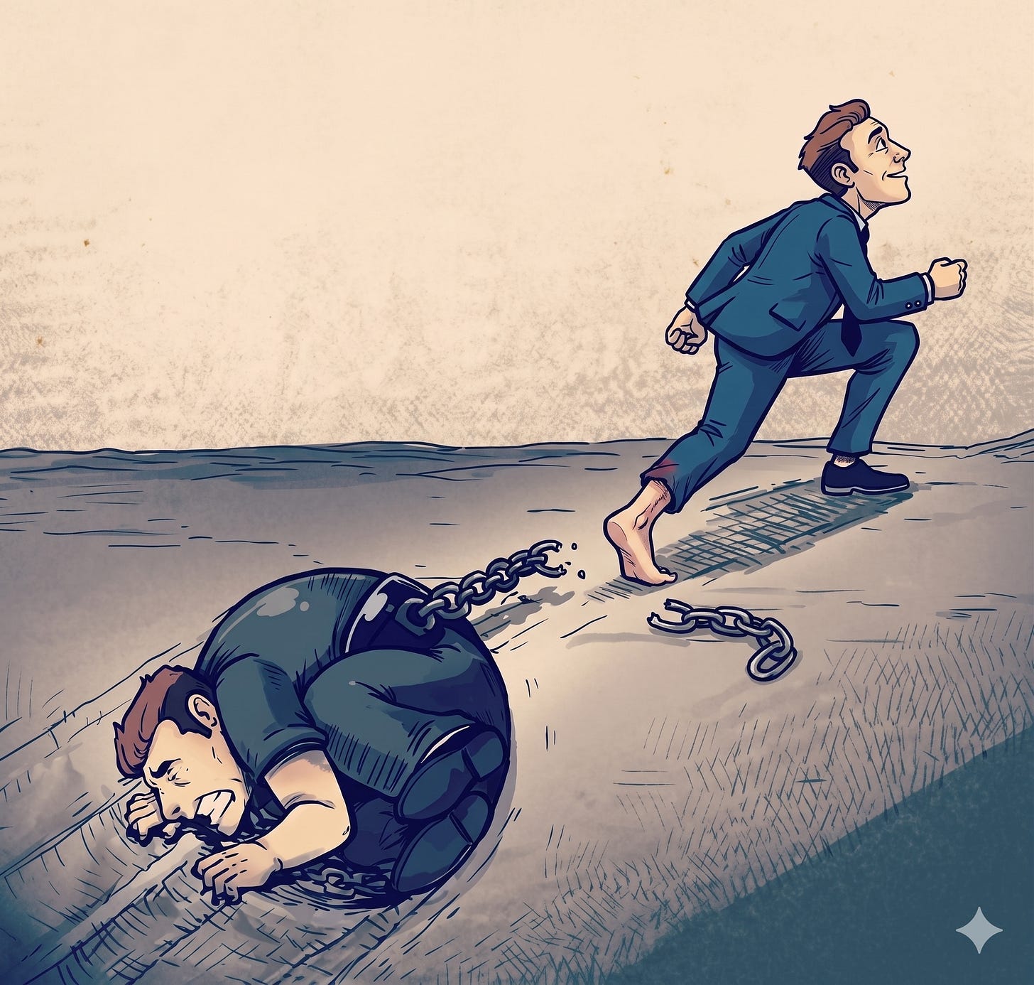 I man being held back by the version of his self holding on to the past, has broken free.