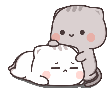 a cartoon cat is hugging another cat that is laying on the ground