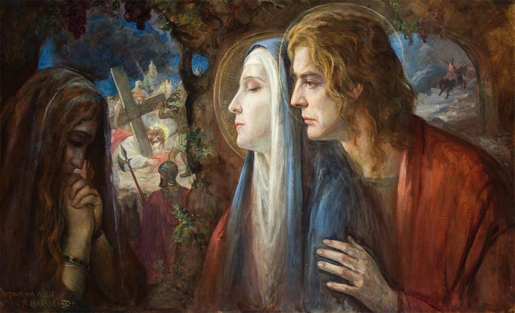 'De drie getrouwen, met Christus op de achtergond, Maria, Maria Magdalena en Johannes de Evangelist voor de Bewening' 1933-38 + 50 - olieverf op doek: Antoon van Welie (Veilinghuis Van Spengen kavel 1289) 'De drie getrouwen, met Christus op de achtergond, Maria, Maria Magdalena en Johannes de Evangelist voor de Bewening' 1933-38 + 50 - olieverf op doek: Antoon van Welie (Veilinghuis Van Spengen kavel 1289)