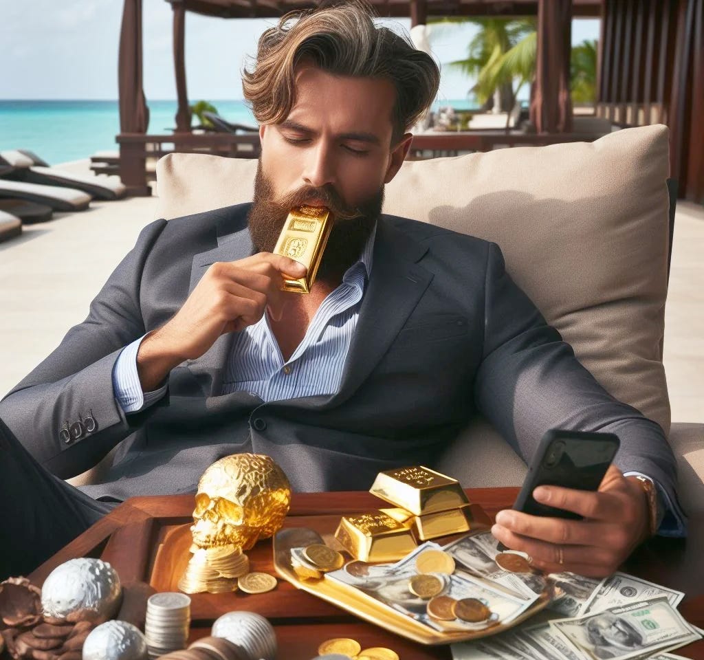 Wealthy young man with a pile of money at a tropical resort eats a gold brick