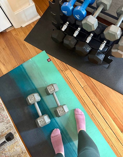 Three photos depicting an at-home workout, the book Meet Me Tonight in Atlantic City, and the author's nightstand with an alarm clock and lamp.
