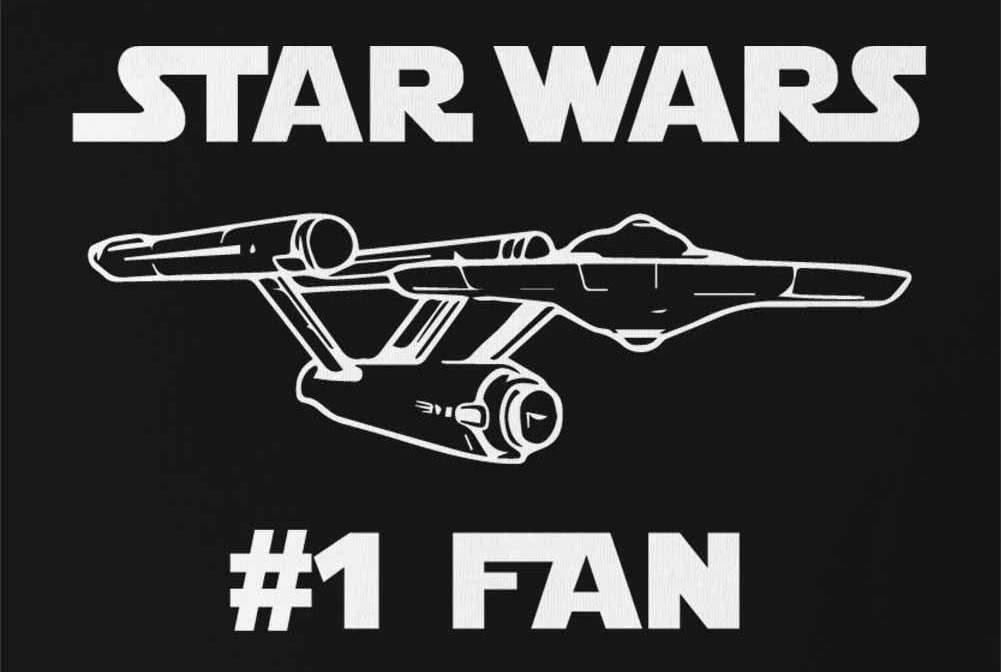 T-shirt graphic with slogan, in Star Wars font, 'Star Wars #1 Fan' and a line drawing of the original USS Enterprise. T-shirt graphic with slogan, in Star Wars font, 'Star Wars #1 Fan' and a line drawing of the original USS Enterprise.