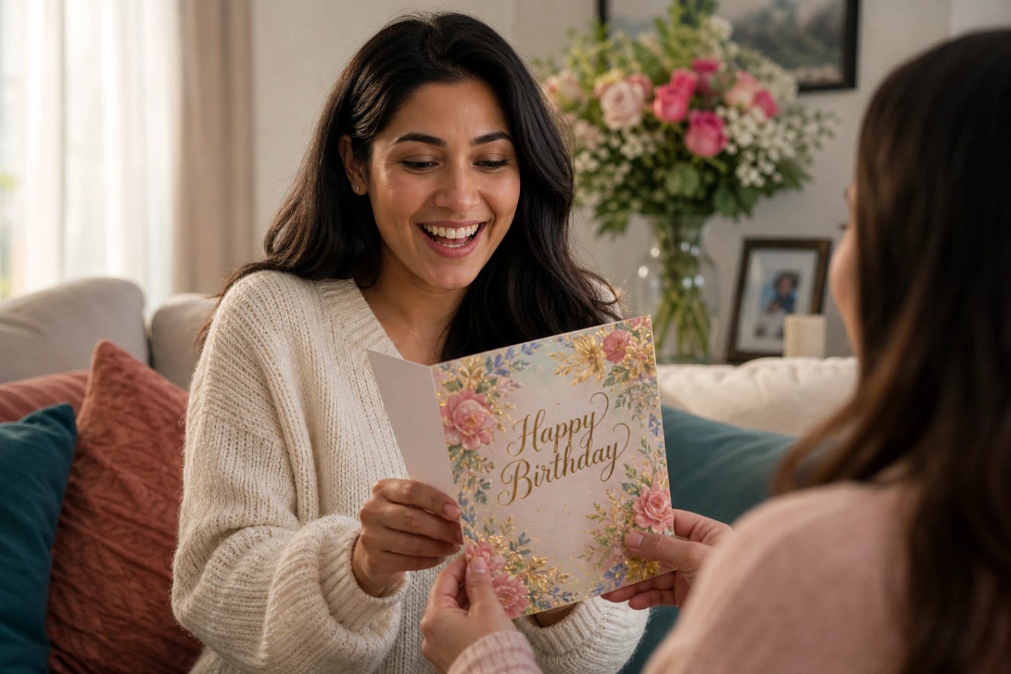 woman receiving a nice birthday card 