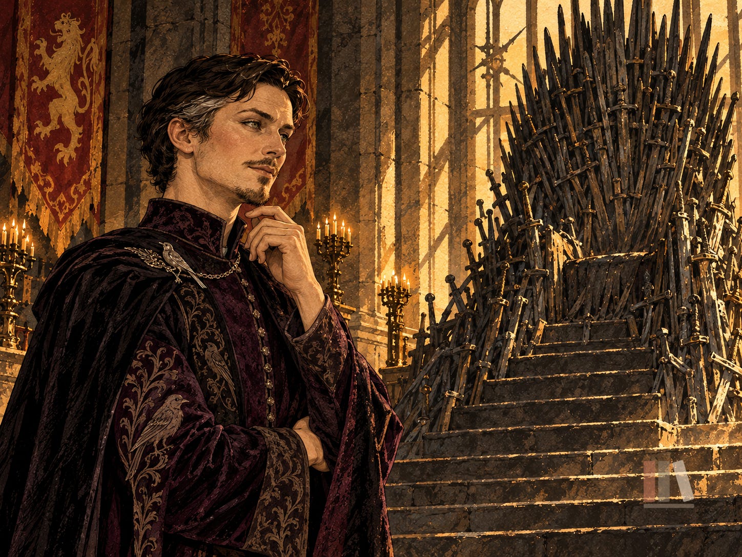 Illustration of Petyr “Littlefinger” Baelish contemplating the empty Iron Throne in a gold-lit hall, wearing plum velvet and a silver mockingbird clasp. Illustration of Petyr “Littlefinger” Baelish contemplating the empty Iron Throne in a gold-lit hall, wearing plum velvet and a silver mockingbird clasp.