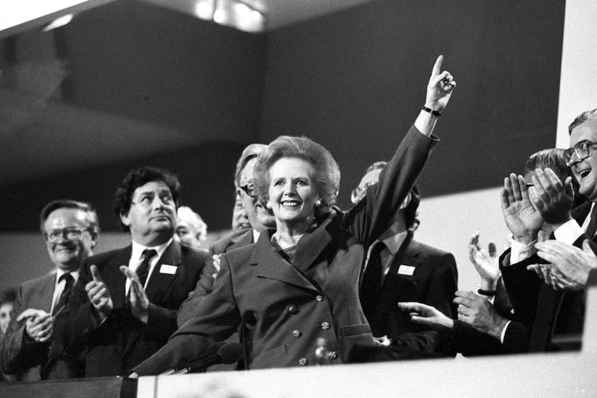 Margaret Thatcher points skyward at the 1979 Conservative Party Conference. Margaret Thatcher points skyward at the 1979 Conservative Party Conference.