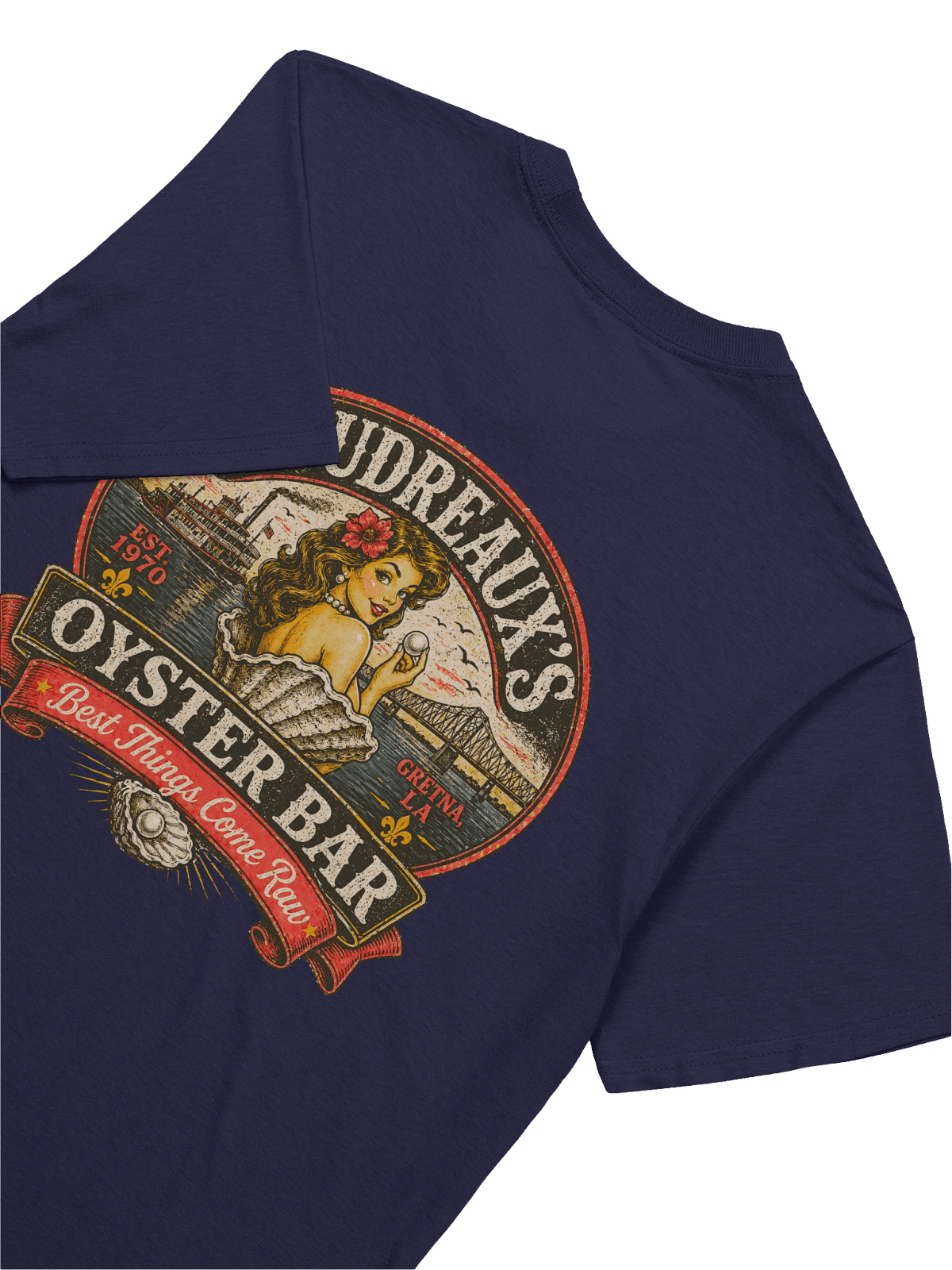 Boudreaux's Oyster Bar Vintage Tee — Gretna LA Retro Pin-Up Seafood Shirt
