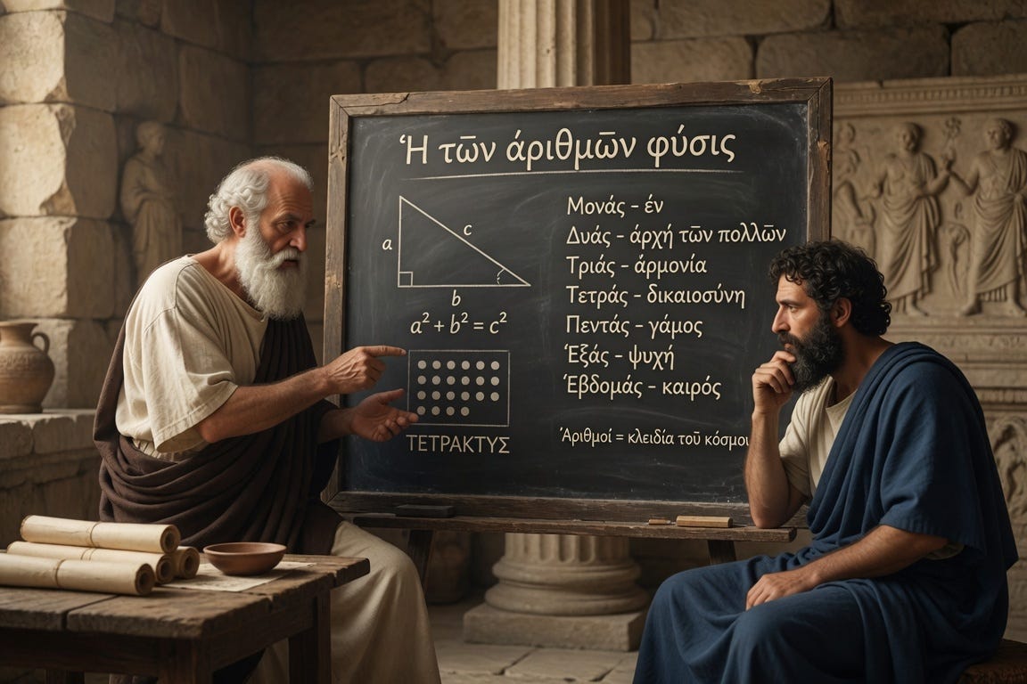 Pythagoras teaching numerology to Plato Pythagoras teaching numerology to Plato