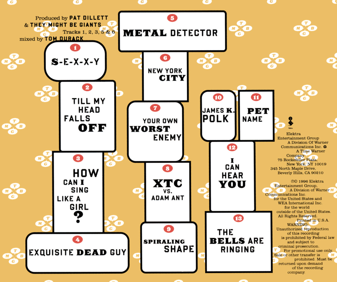 Back cover of the advance promotional release of Factory Showroom by They Might Be Giants, listing track titles in block layout.