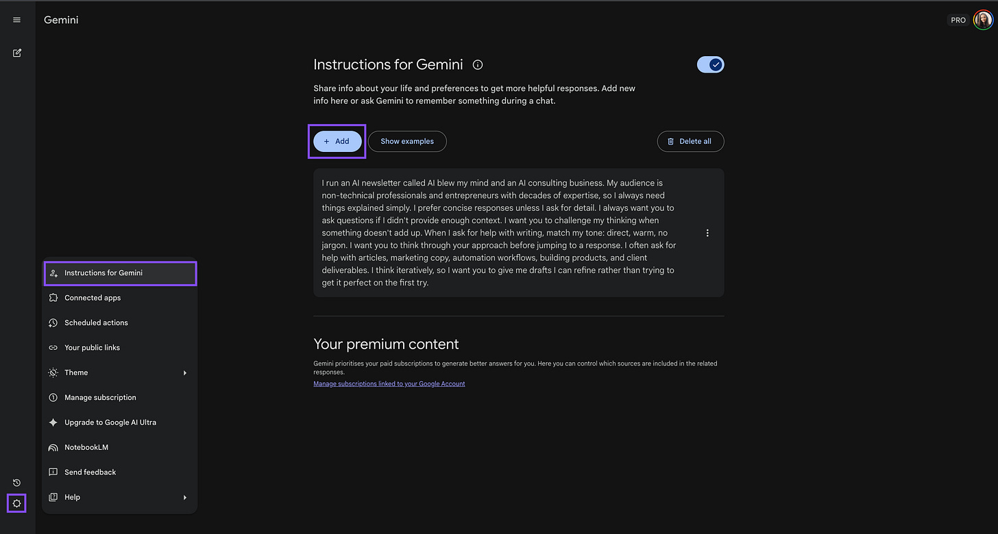 Gemini Settings page showing the Instructions for Gemini section with custom preferences filled in, the Add button highlighted, and the left sidebar showing Connected apps, Scheduled actions, and other settings options Gemini Settings page showing the Instructions for Gemini section with custom preferences filled in, the Add button highlighted, and the left sidebar showing Connected apps, Scheduled actions, and other settings options