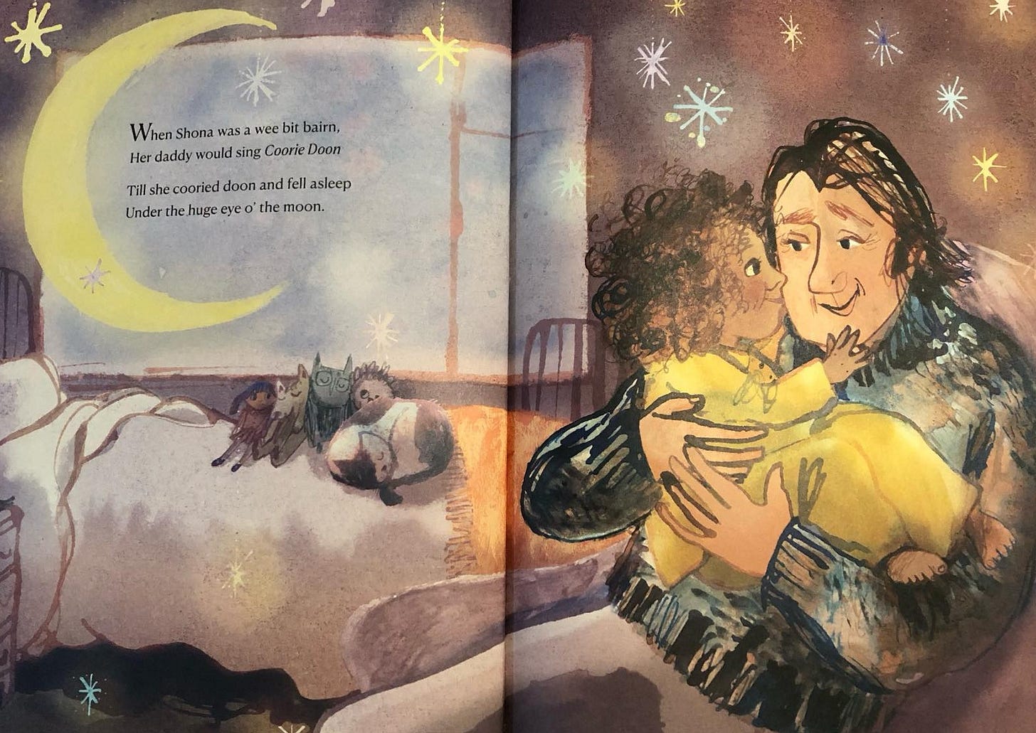 photo of a page from Coorie Doon with illustration of a father cuddling his daugher. Reads: when Shona was a wee bit bairn, Her daddy would sing Coorie Doon till she cooried doon and fell asleep under the huge eye of the moon. Image from https://www.threads.net/@theedinburghbookshop/post/DEh_HLZIkW7