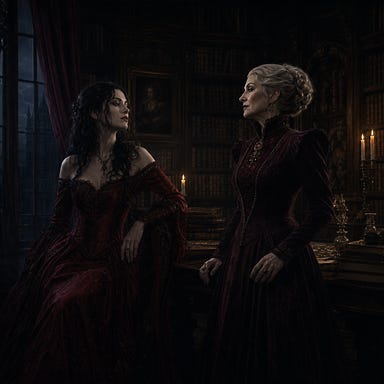 Anastrasya Karelova and Lady Fiona Wachter in the Wachterhaus library, Barovian Gothic atmosphere; Anastrasya in deep crimson gown, dark waves of hair, pale moonlit skin, cold elegant poise; Fiona with regal angular features, silver‑gray hair swept back, high‑collared burgundy gown, commanding presence; dim candlelight, velvet curtains, towering bookshelves, shadows clinging to corners