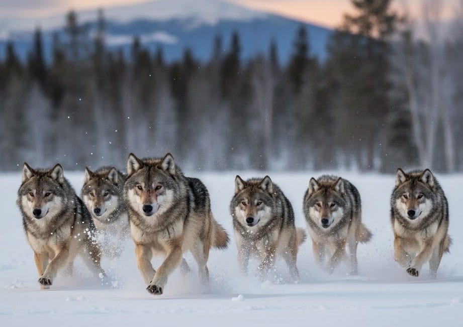 wolf pack running in snow wolf pack running in snow