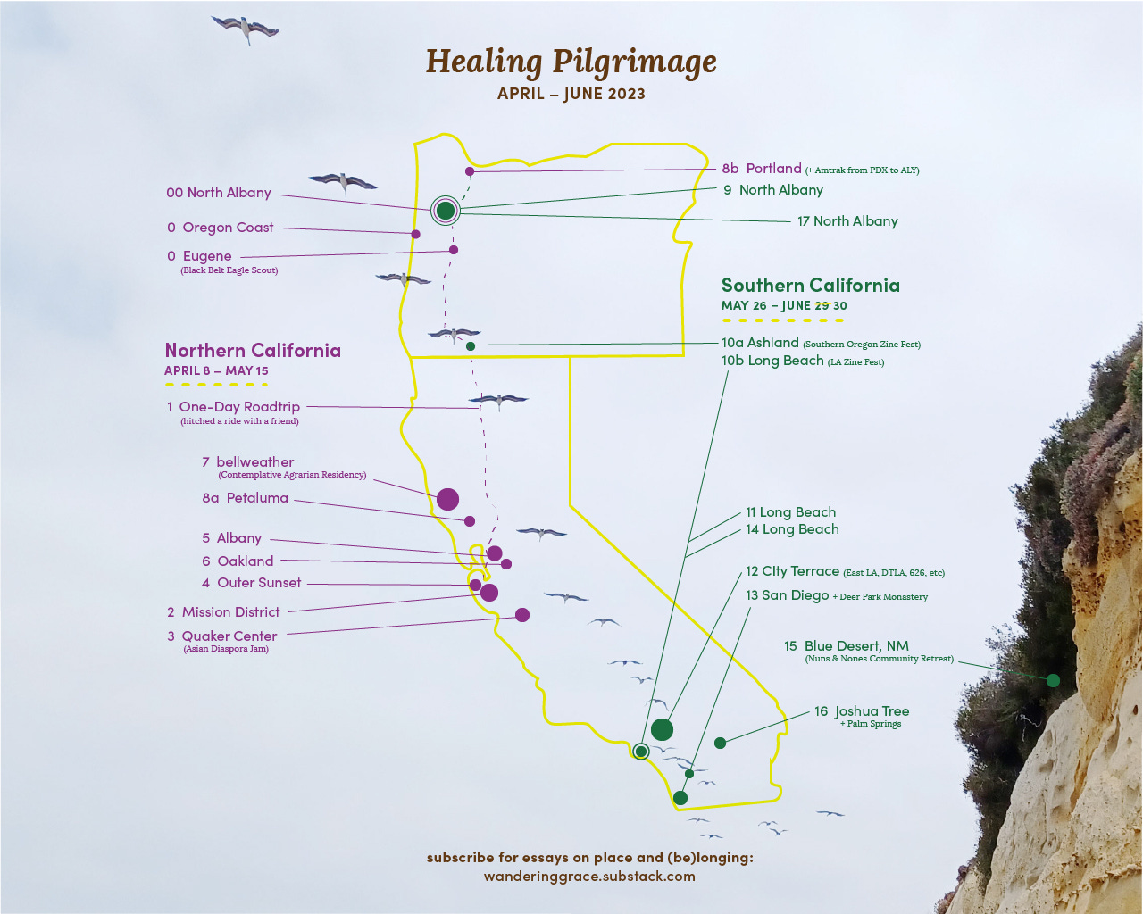 map of oregon and california overlaid with city stops along healing pilgrimage.