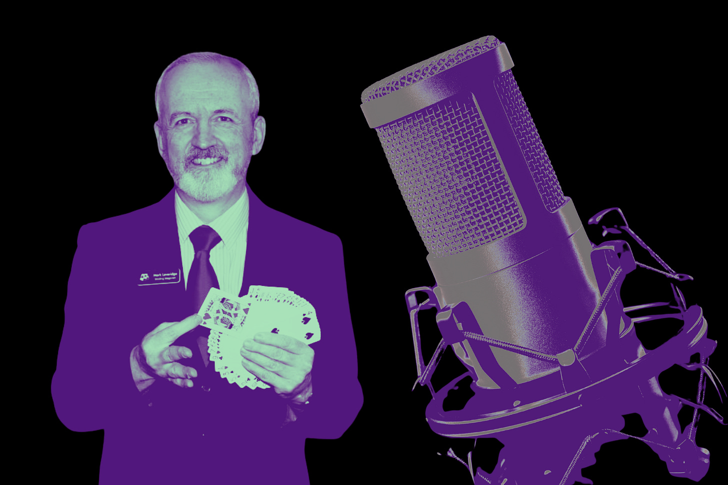 A composite, magenta-toned duotone image on a solid black background. On the left, a smiling man with gray hair and a beard, in a suit and tie, is holding and pointing to a fanned deck of playing cards, including the King of Spades. On the right, a large, detailed studio condenser microphone in an intricate shock mount is angled towards the left. Both the man and microphone are rendered in the same monochrome purple and black illustrative style.