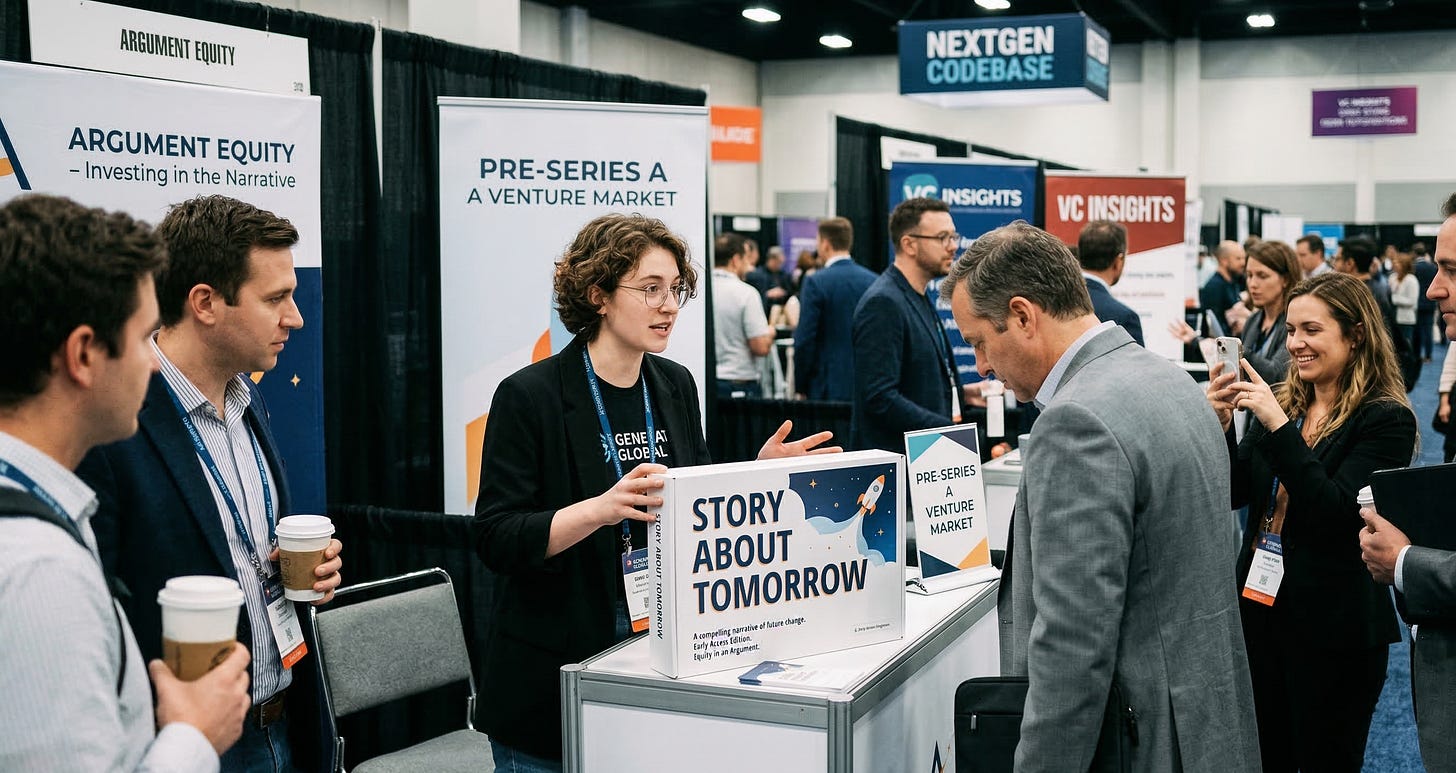 A founder at a booth presenting a box labeled Story About Tomorrow to a group of investors.