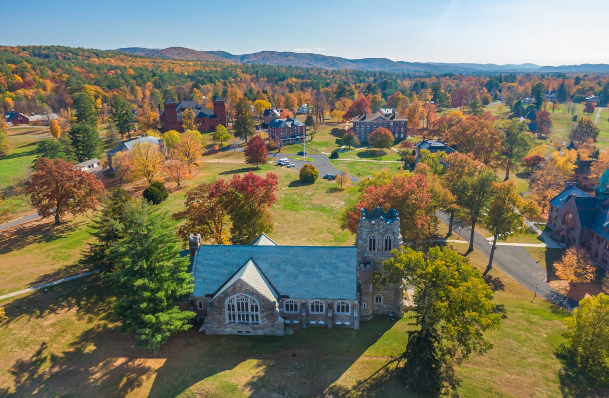 Aerial view of a small college campus